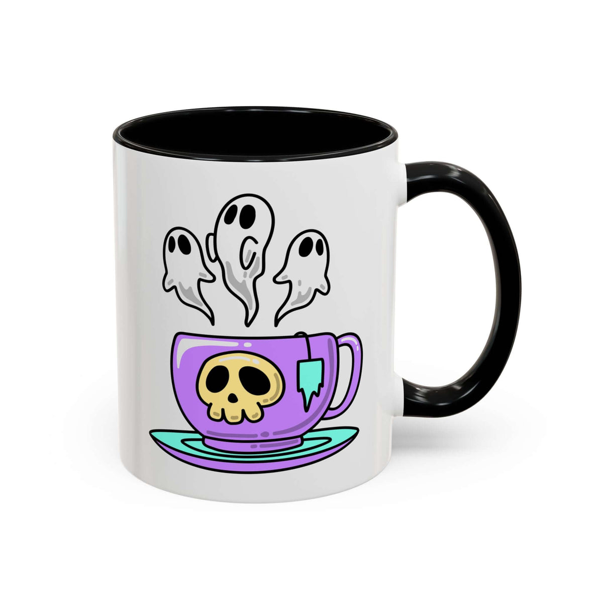 Let's Have a Spooky Tea Mug featuring a purple mug with a skull and floating ghosts, perfect for Halloween tea time.