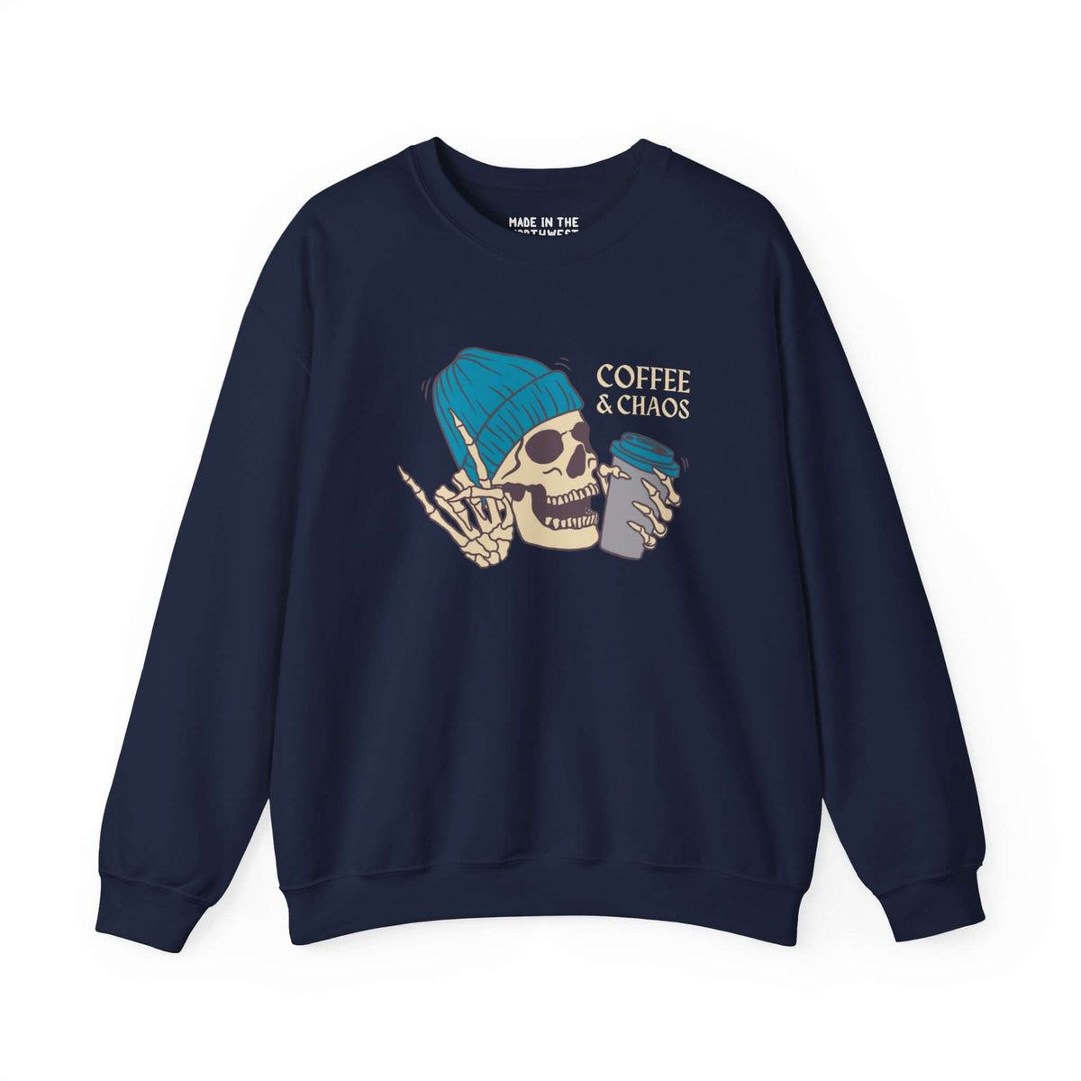 "Coffee & Chaos skeleton sweatshirt with a rebellious vibe, perfect for caffeinated mornings and wild-at-heart coffee lovers."