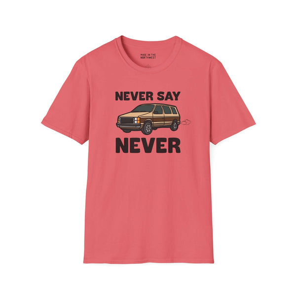 Never Say Never Vintage Van Softstyle T-Shirt with Dodge Caravan graphic in coral color.