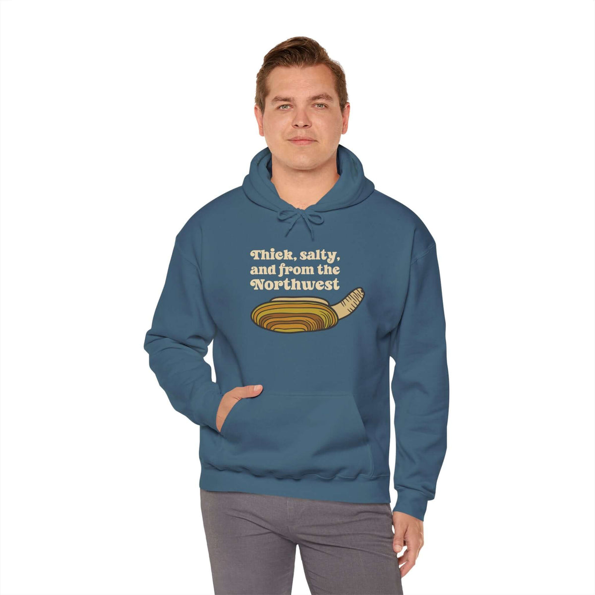 Thick & Salty Northwest Geoduck Clam Hoodie, featuring a vibrant geoduck graphic and humorous text, perfect for PNW locals.