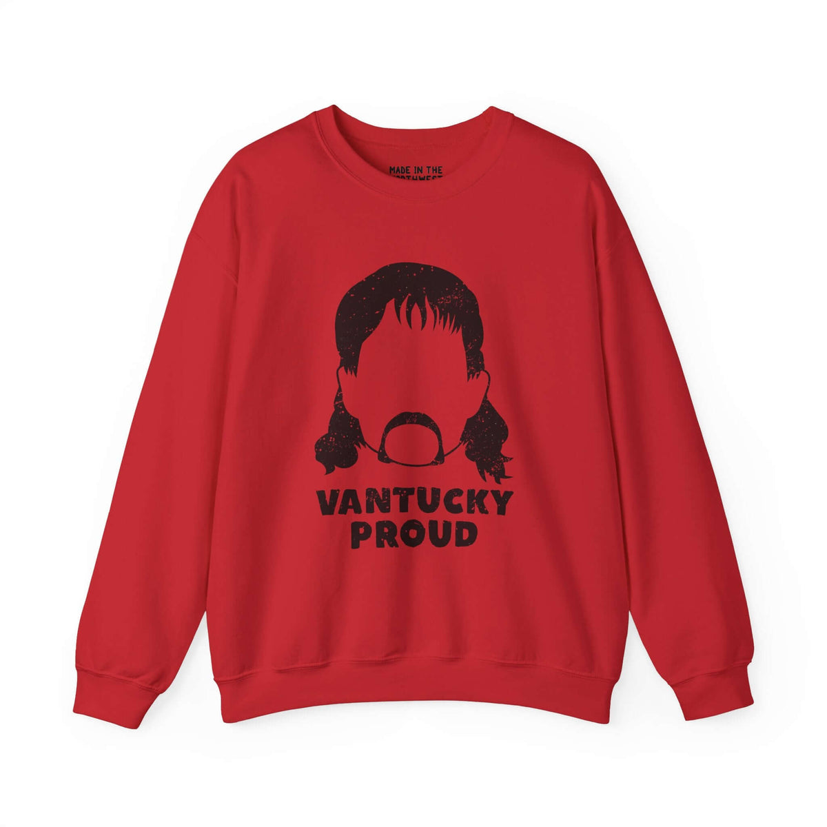 Red sweatshirt with 'Vantucky Proud' design featuring Rusty McCoy's silhouette, symbolizing resilience and hardworking spirit.