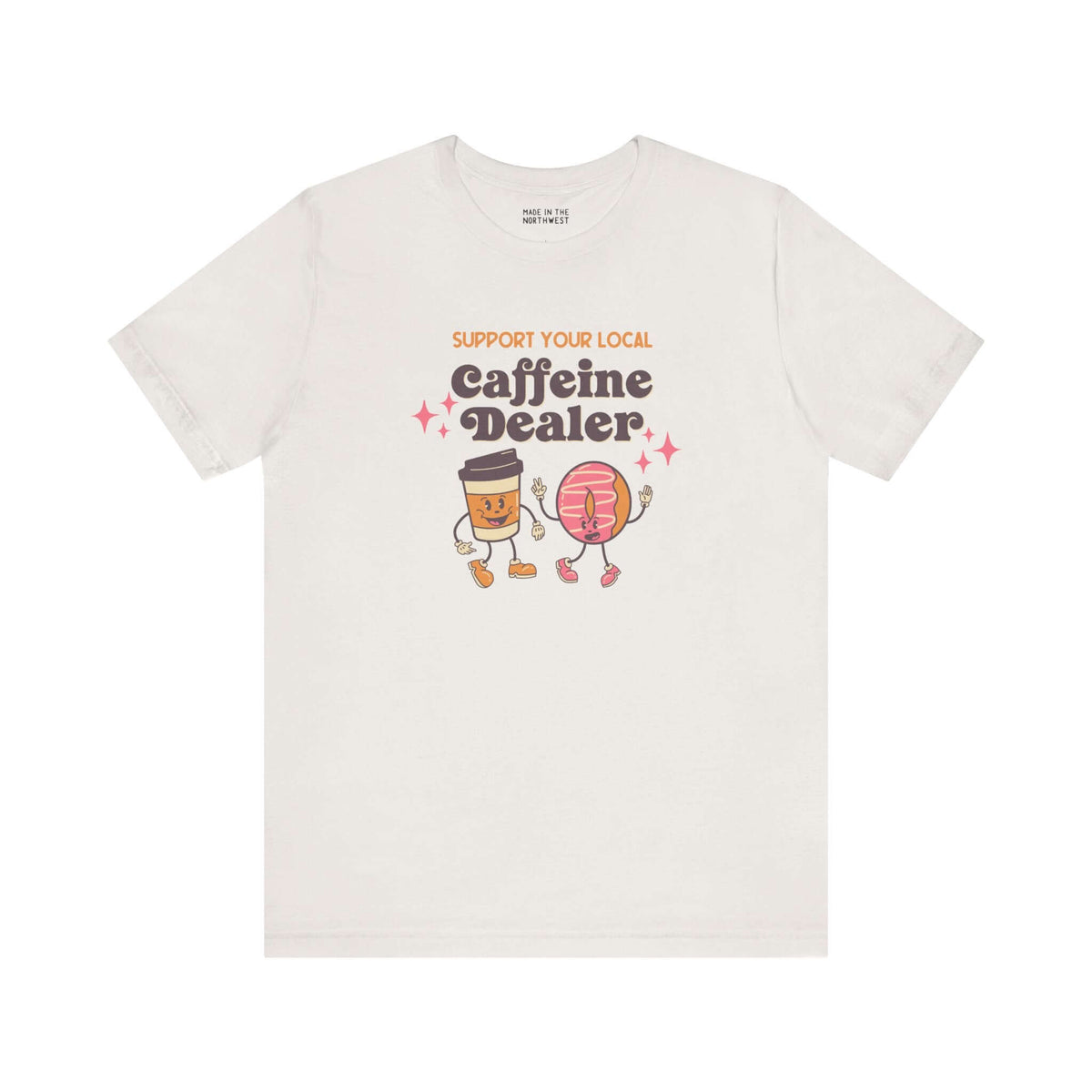 Funny coffee-themed soft tee featuring cartoon characters with text: Support Your Local Caffeine Dealer.