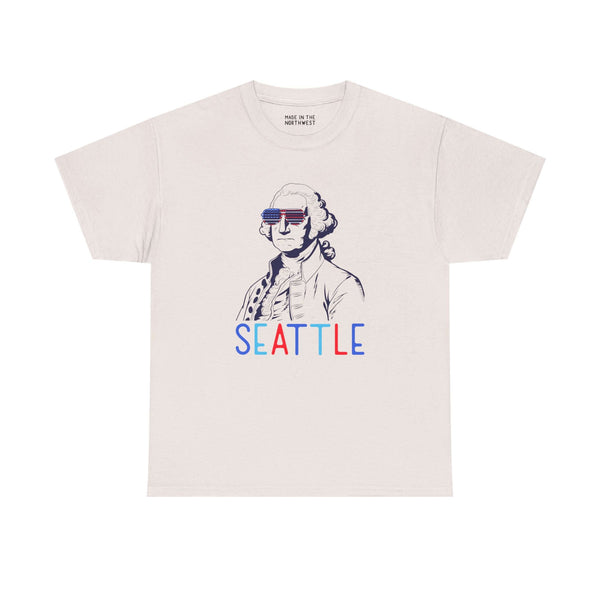 Stars, Stripes, & George Seattle Athletic Tee featuring George Washington in sunglasses with 'SEATTLE' text.