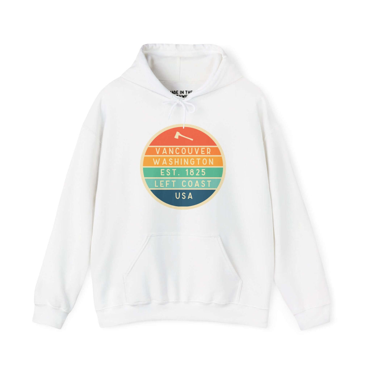 "White hoodie with circular Vancouver, Washington logo celebrating Pacific Northwest culture, Left Coast USA design."