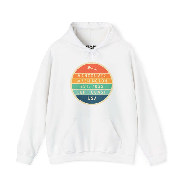 "White hoodie with circular Vancouver, Washington logo celebrating Pacific Northwest culture, Left Coast USA design."