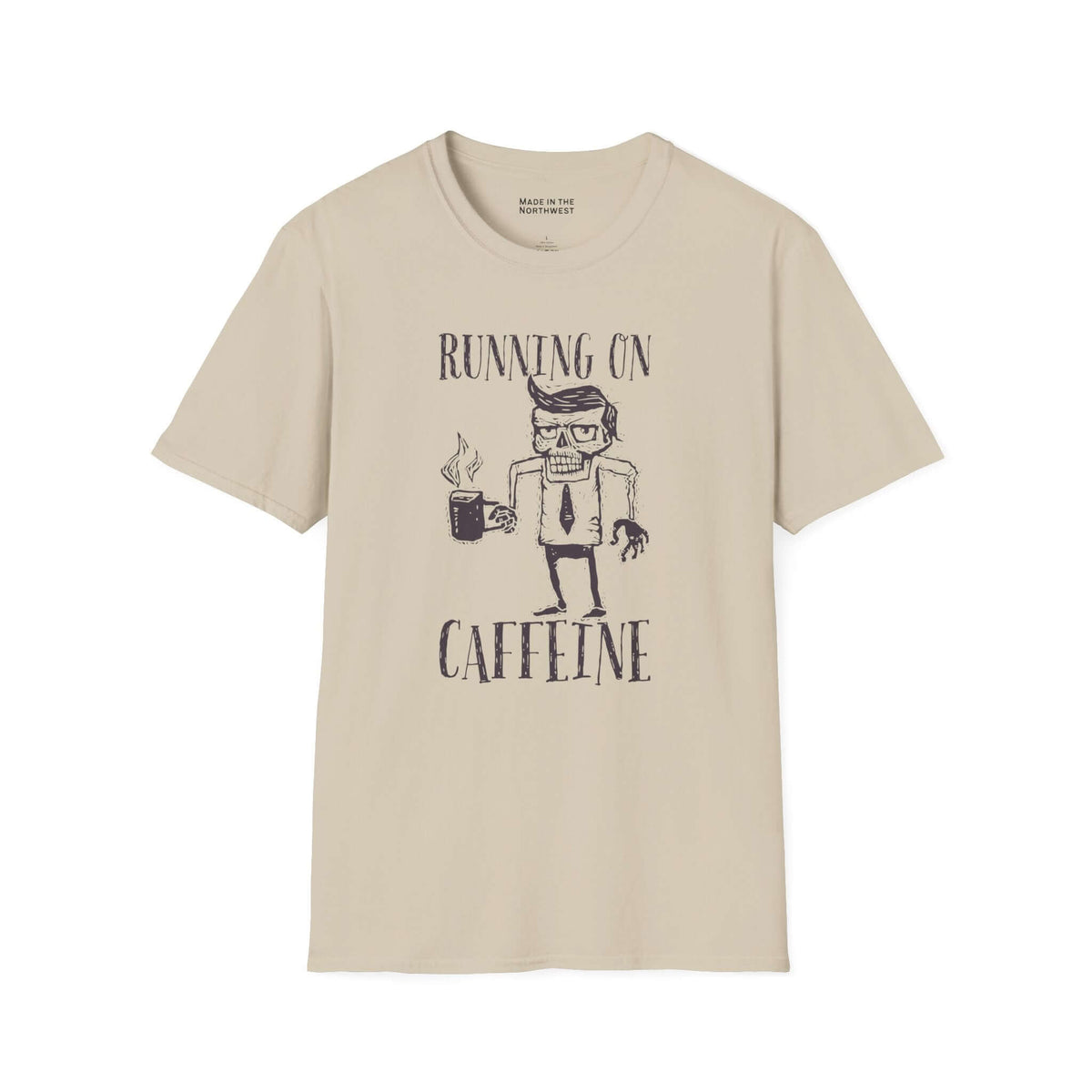 Running on Caffeine T Shirt featuring a quirky illustration of a caffeinated office worker.