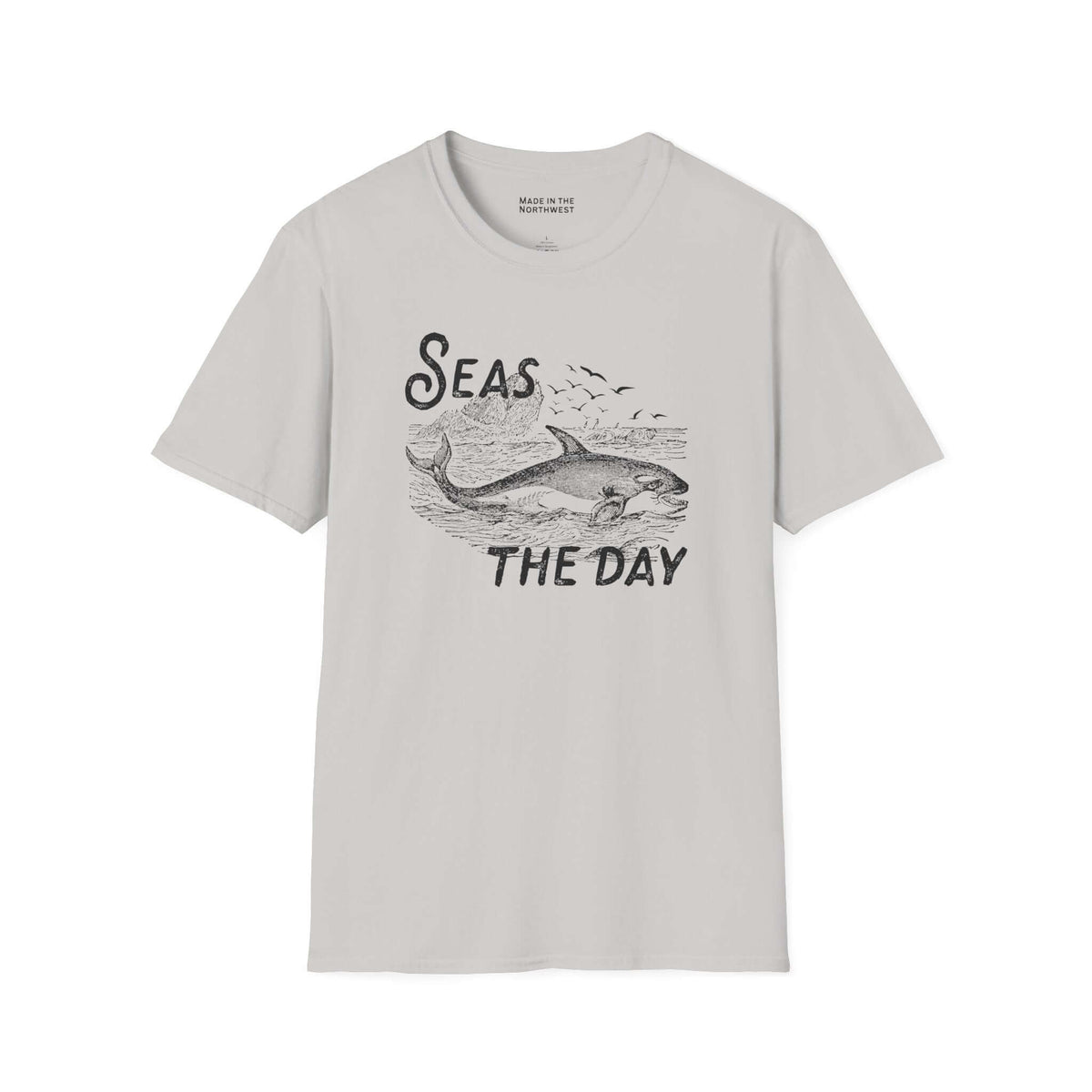 Seas the Day T Shirt featuring an orca illustration and coastal design, perfect for ocean lovers.