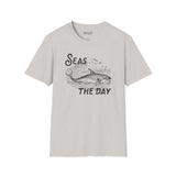 Seas the Day T Shirt featuring an orca illustration and coastal design, perfect for ocean lovers.