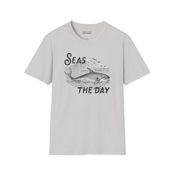 Seas the Day T Shirt featuring an orca illustration and coastal design, perfect for ocean lovers.