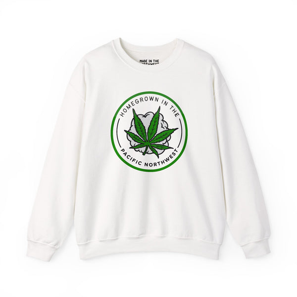 Homegrown Vibes PNW Edition sweatshirt featuring marijuana leaf design, celebrating Pacific Northwest culture, soft and stylish.