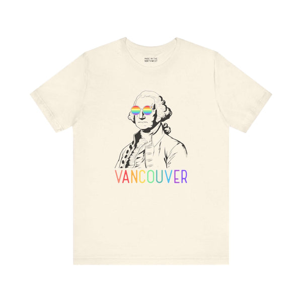 George's Rainbow Vision Vancouver tee featuring rainbow lettering and Washington with rainbow glasses, celebrating Pride and inclusivity.