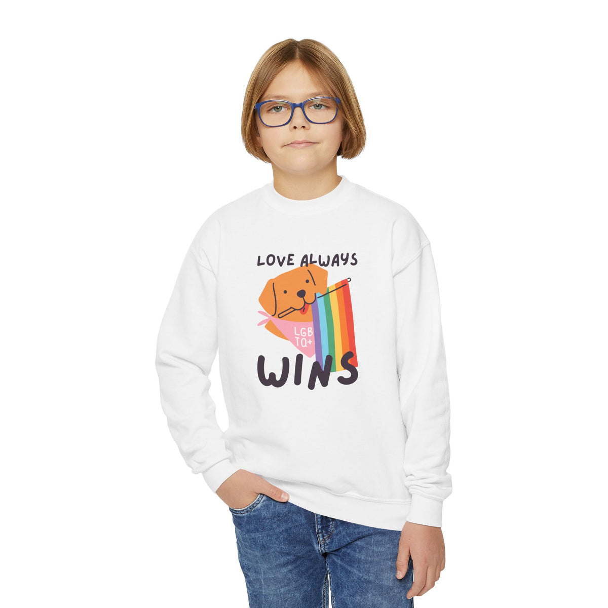 Kids' Love Always Wins sweatshirt featuring a dog holding a rainbow flag, promoting inclusivity and joy.