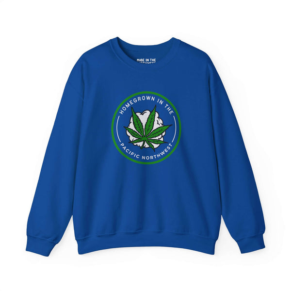 Homegrown Vibes: PNW Edition sweatshirt in blue featuring marijuana leaf and Pacific Northwest graphic.