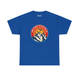 Blue athletic tee featuring 'Home is Where the Mountains Are' design with mountains, outdoor activities, Bigfoot, and sunset backdrop.