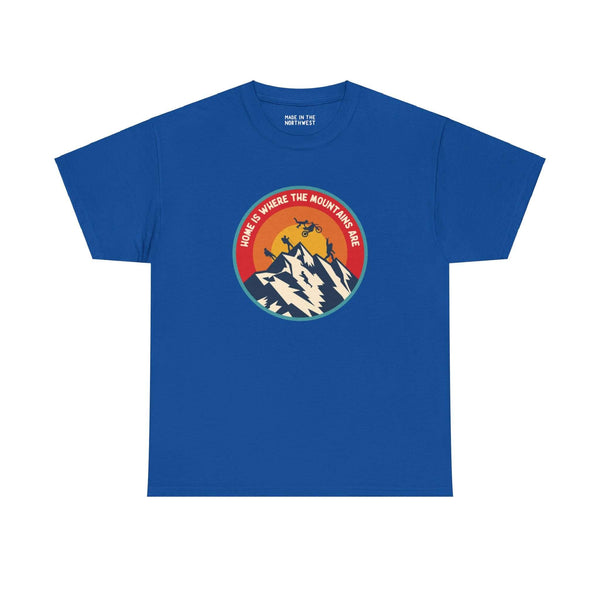 Blue athletic tee featuring 'Home is Where the Mountains Are' design with mountains, outdoor activities, Bigfoot, and sunset backdrop.