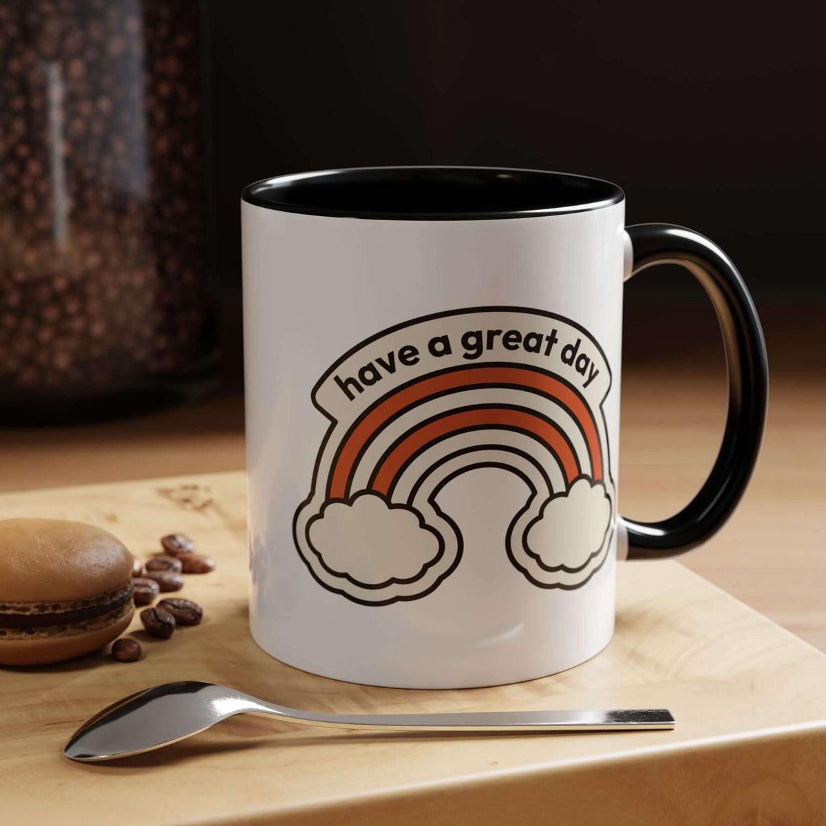 Have a Great Day Mug with rainbow design, black handle, and clouds - perfect for morning coffee or tea.