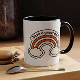 Have a Great Day Mug with rainbow design, black handle, and clouds - perfect for morning coffee or tea.