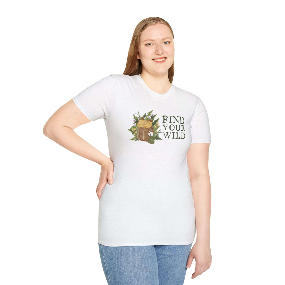Model wearing 'Find Your Wild' softstyle t-shirt featuring backpack and fern design, perfect for outdoor enthusiasts.
