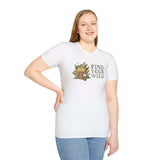 Model wearing 'Find Your Wild' softstyle t-shirt featuring backpack and fern design, perfect for outdoor enthusiasts.
