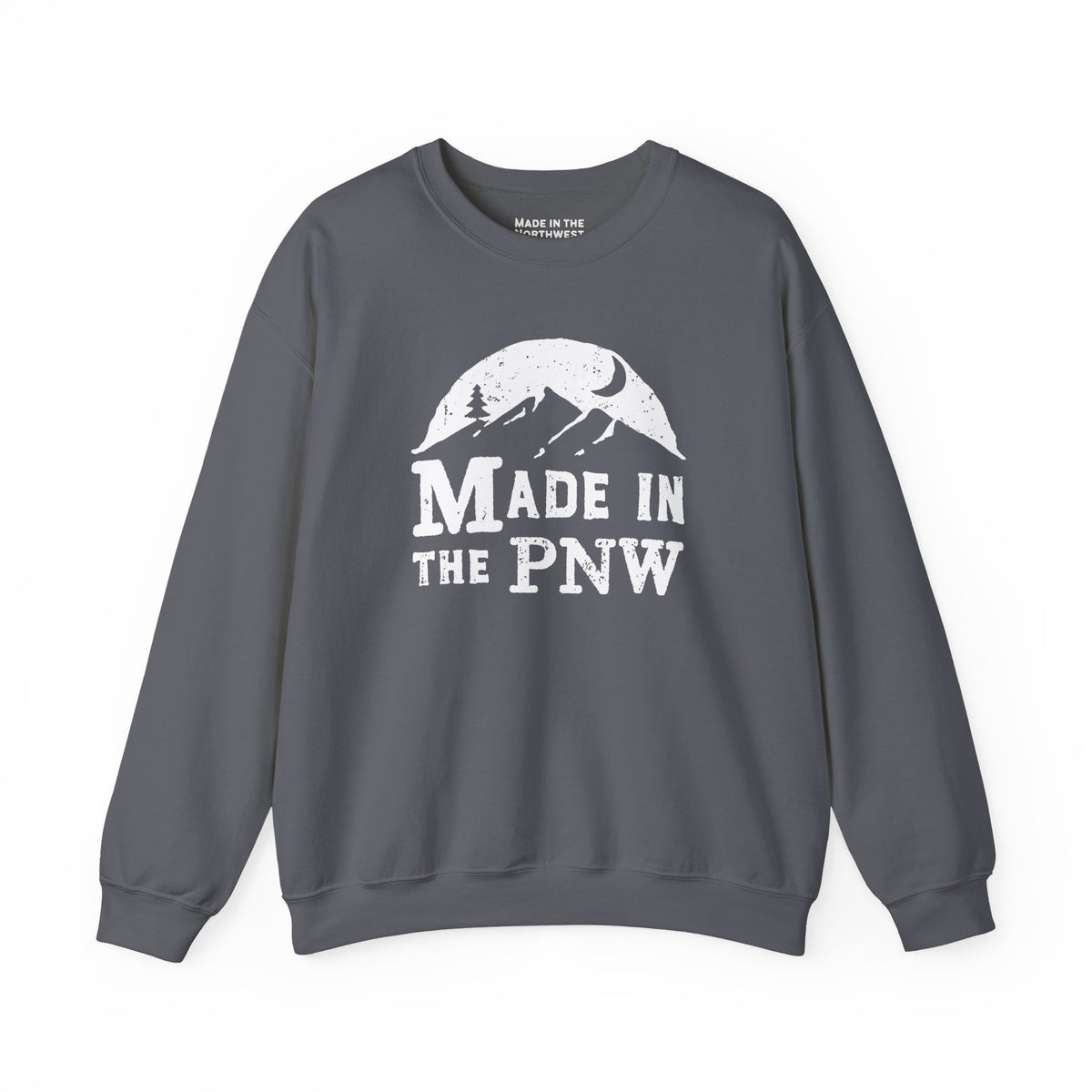 Made in the PNW sweatshirt in gray featuring a mountain design, representing Pacific Northwest pride.