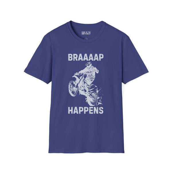 Braaaap Happens motocross softstyle t-shirt in navy blue featuring a rider on a dirt bike design.