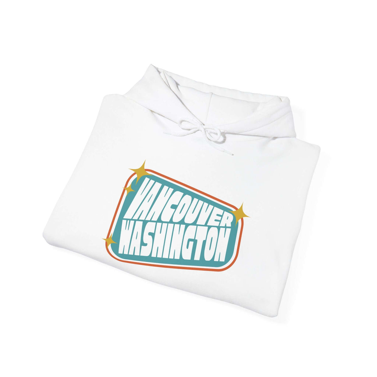 Retro Vancouver Washington sign hoodie in white with bold vintage design.
