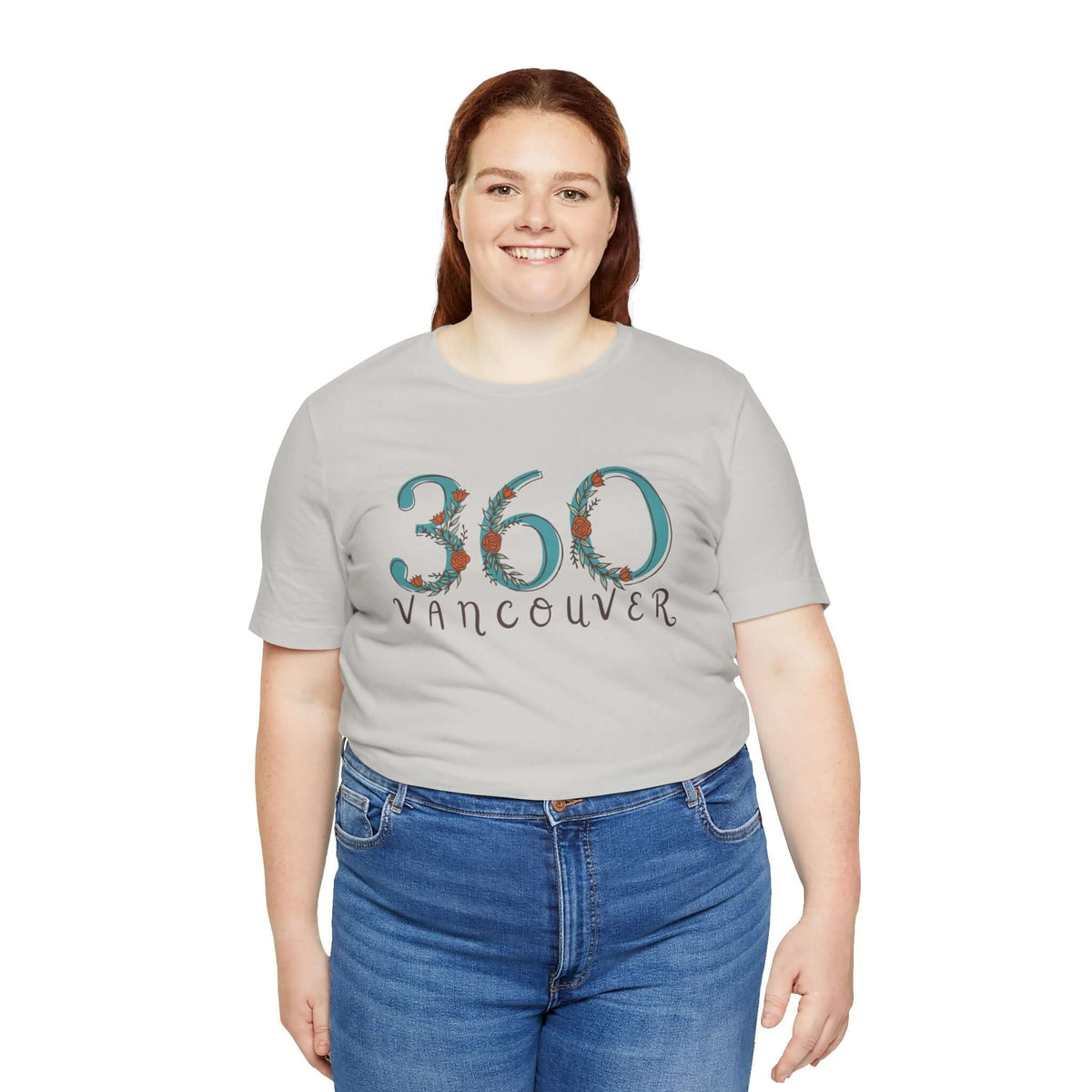 Woman wearing 360 Floral Area Code Soft Tee, featuring Pacific Northwest inspired design, perfect for casual outings and home comfort.