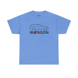 Blue athletic t-shirt featuring BMW F31 wagon silhouette design, perfect for car enthusiasts and fans of classic wagons.