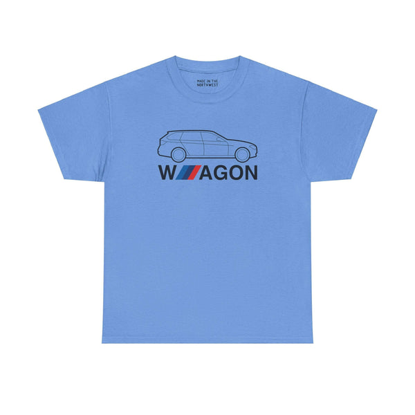 Blue athletic t-shirt featuring BMW F31 wagon silhouette design, perfect for car enthusiasts and fans of classic wagons.