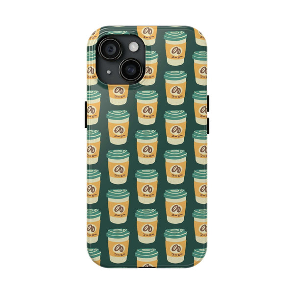 East Meets Roast Tough Phone Case with Asian-inspired coffee cup design and green background.