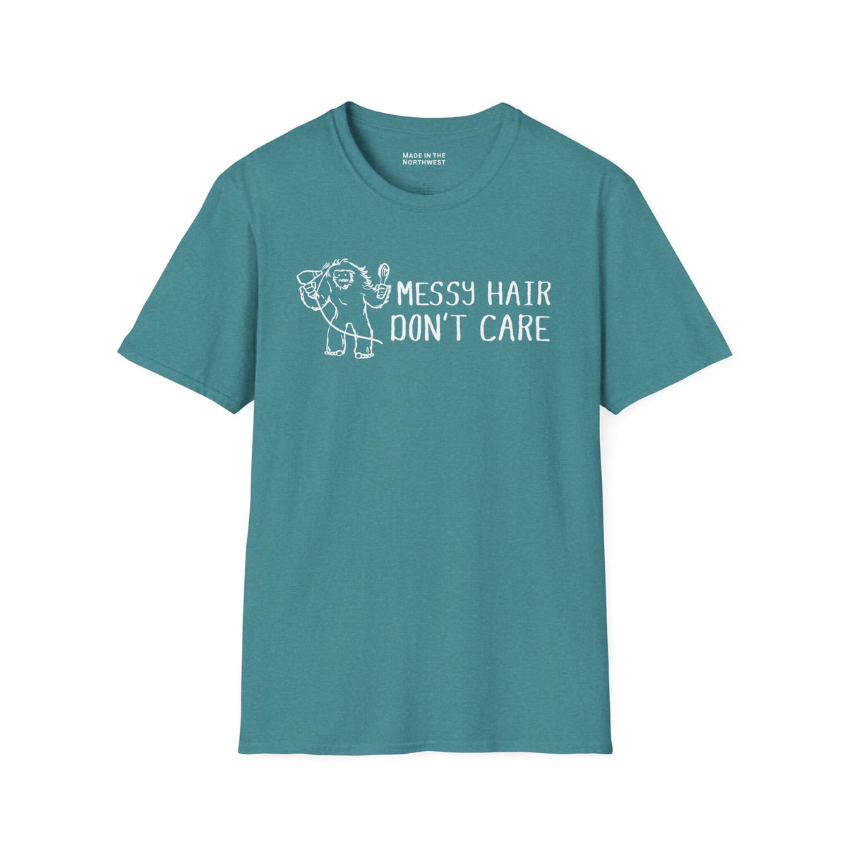 Messy Hair Don't Care Bigfoot T Shirt featuring a playful Bigfoot design on a teal background.