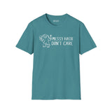 Messy Hair Don't Care Bigfoot T Shirt featuring a playful Bigfoot design on a teal background.