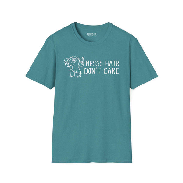 Messy Hair Don't Care Bigfoot T Shirt featuring a playful Bigfoot design on a teal background.