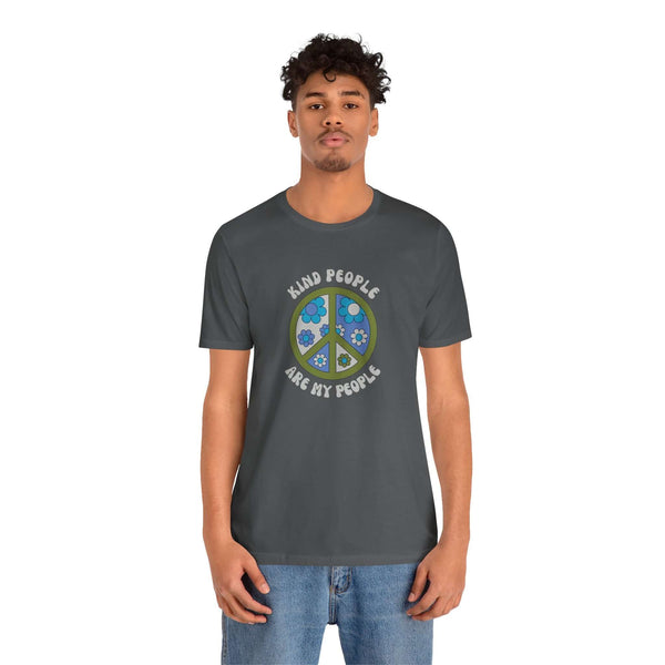 Unisex premium soft tee with a floral peace sign, featuring the text 'Kind People Are My People' for positive vibes.