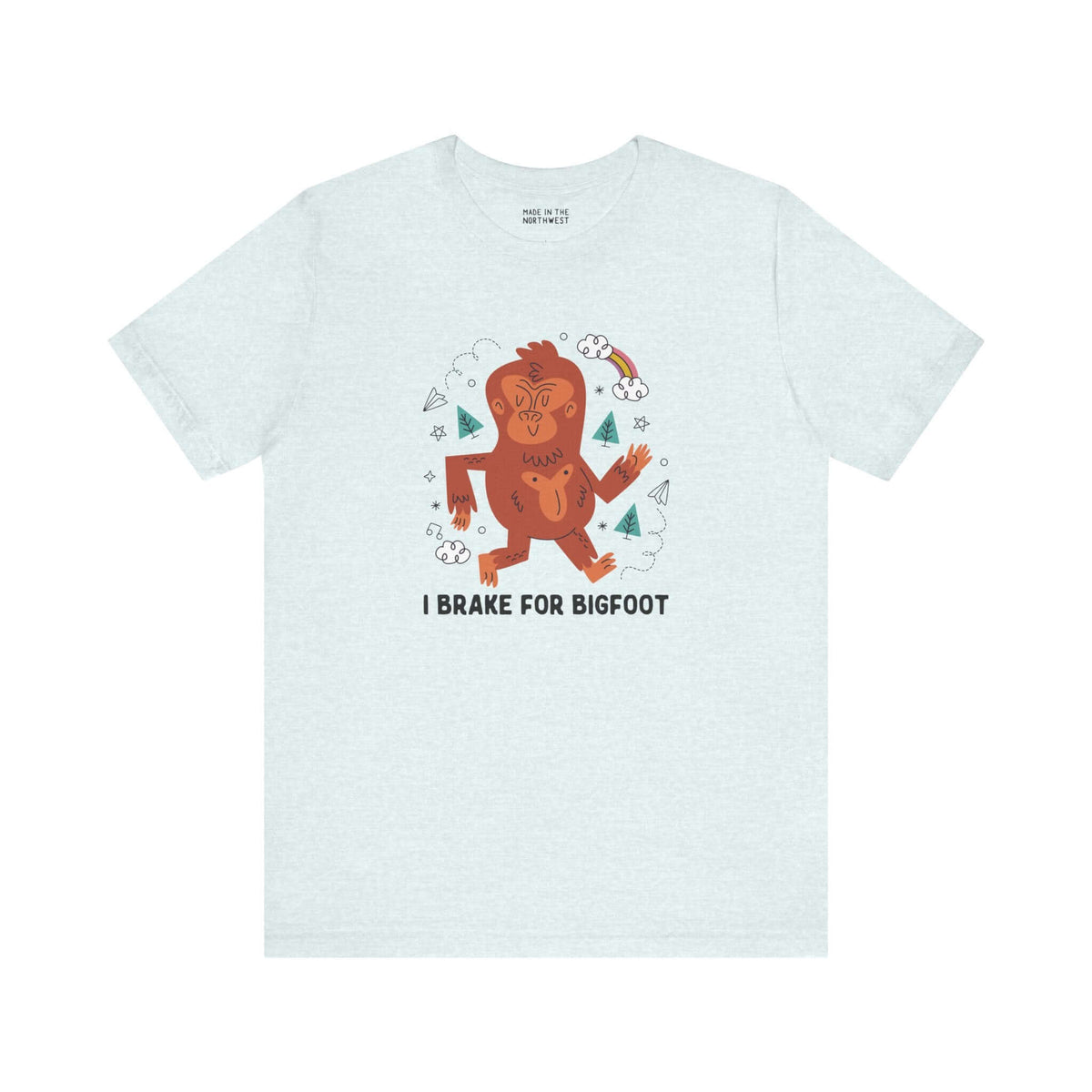 I Brake for Bigfoot premium soft tee featuring a whimsical Sasquatch graphic for folklore fans.