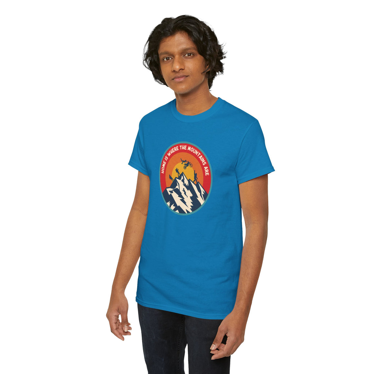 Man wearing Home is Where the Mountains Are Athletic Tee, featuring colorful outdoor designs inspired by the Pacific Northwest.