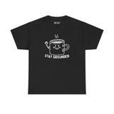 Stay Grounded and Caffeinated tee with illustrated coffee mug on a black shirt.