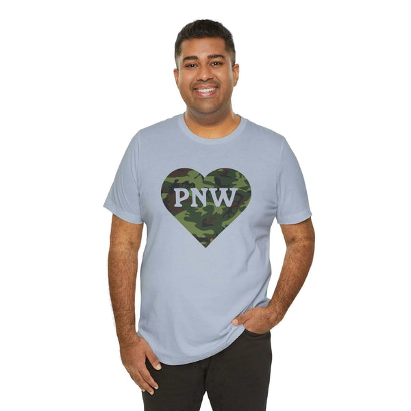 Man wearing a Camouflage PNW Heart Soft Tee, showcasing Pacific Northwest pride with a stylish camo heart design.