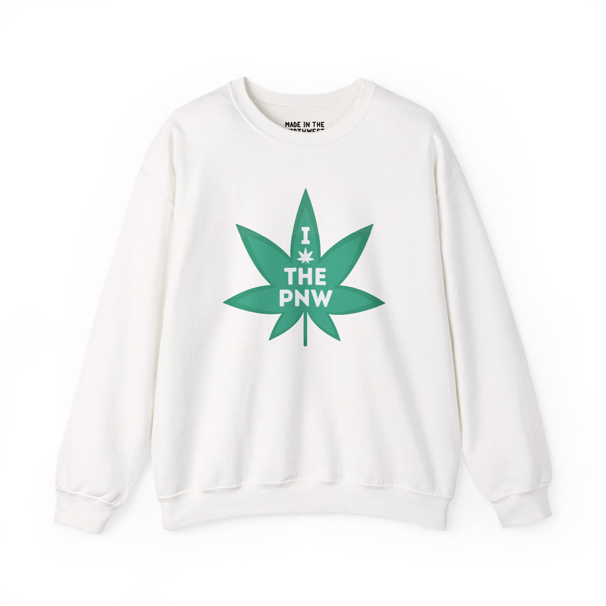 I (Weed) the PNW cozy sweatshirt featuring a green marijuana leaf graphic, perfect for Pacific Northwest lovers.