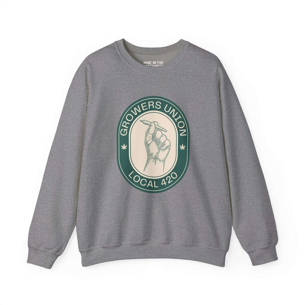 Grower's Union Local 420 gray sweatshirt featuring a hand holding a joint illustration, perfect for 420 culture enthusiasts.