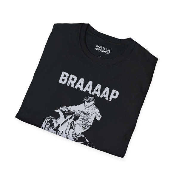 Braaaap Happens Motocross Softstyle T-Shirt in black, featuring a biker design and bold typography.
