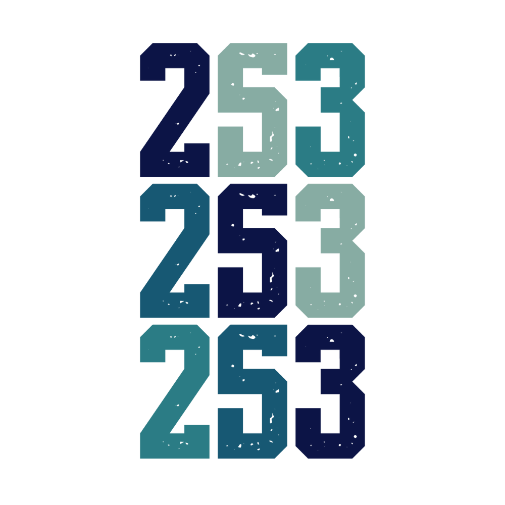253 Area Code Coffee Tumbler design featuring repeated blue 253 numbers on a white background.