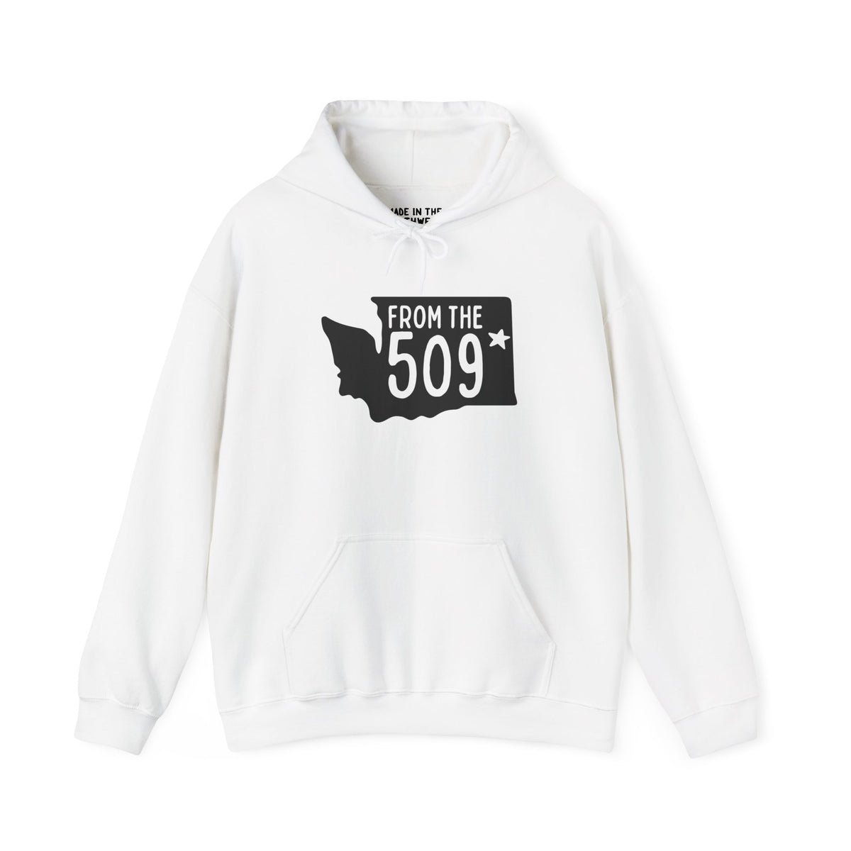 White From the 509 Spokane hoodie featuring Washington state silhouette and star to represent local pride.