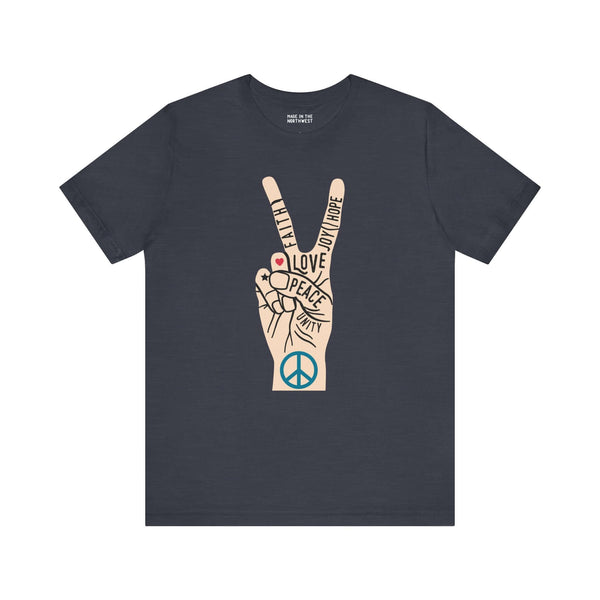 Power in Peace Premium Soft Tee featuring a hand with peace sign and uplifting words promoting positivity and unity.