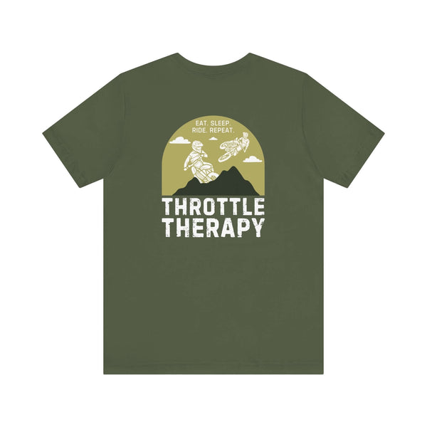 Olive green "Throttle Therapy" tee with dirt bikers and mountain design, perfect for motocross lovers and adventure seekers.