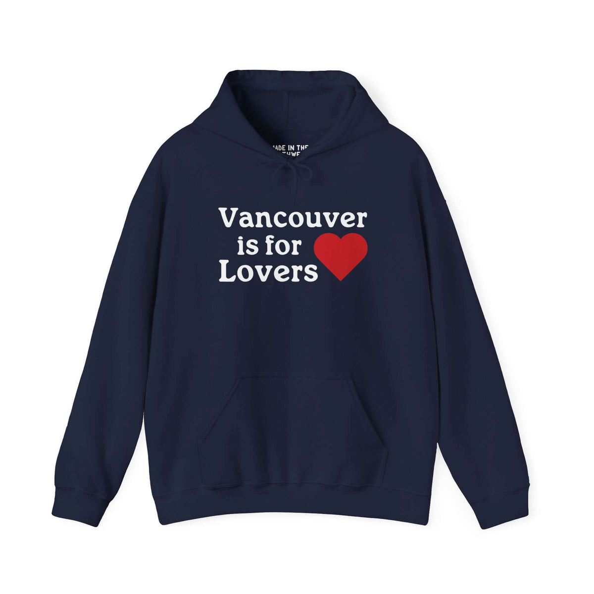 "Navy 'Vancouver is for Lovers' hoodie with red heart design, celebrating Vancouver, WA's charm and spirit."