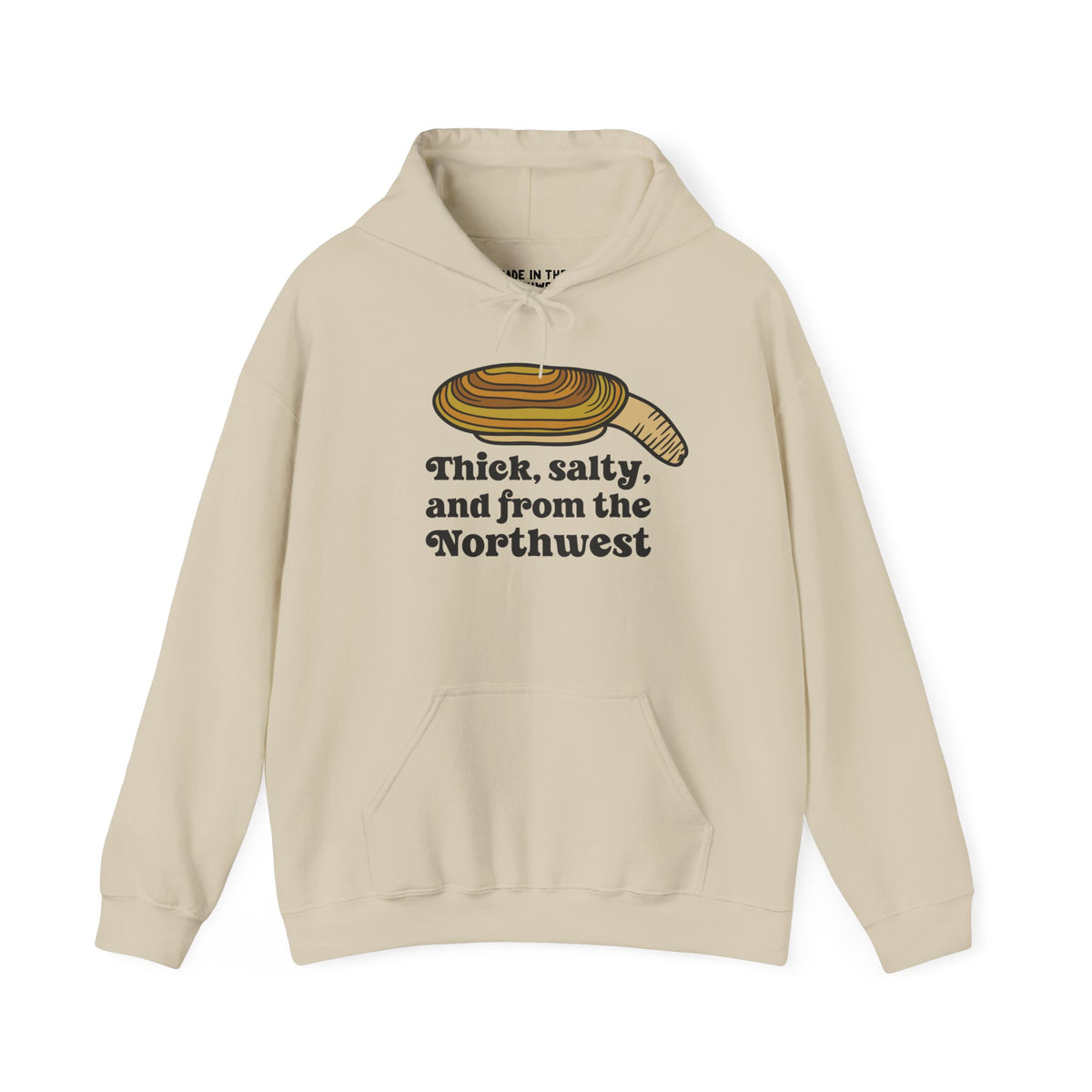 Thick & salty Northwest geoduck clam hoodie with humorous graphic for seafood lovers.