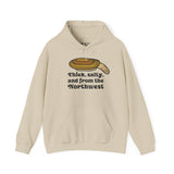 Thick & salty Northwest geoduck clam hoodie with humorous graphic for seafood lovers.