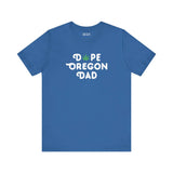 Dope Oregon Dad soft tee in blue featuring a marijuana leaf in the design, perfect for laid-back dads.