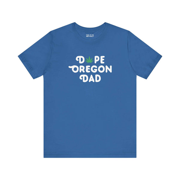 Dope Oregon Dad soft tee in blue featuring a marijuana leaf in the design, perfect for laid-back dads.